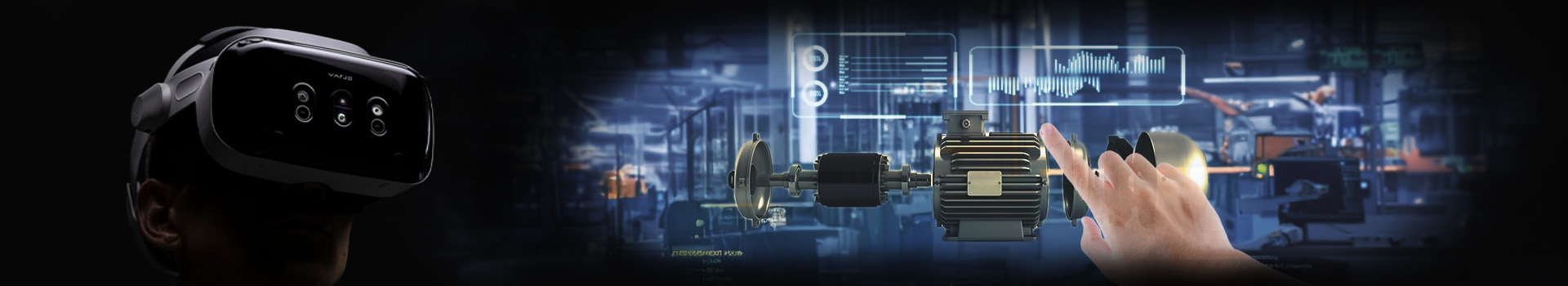 a man wearing a varjo headset with a simulation of the virtual environment he sees next to him