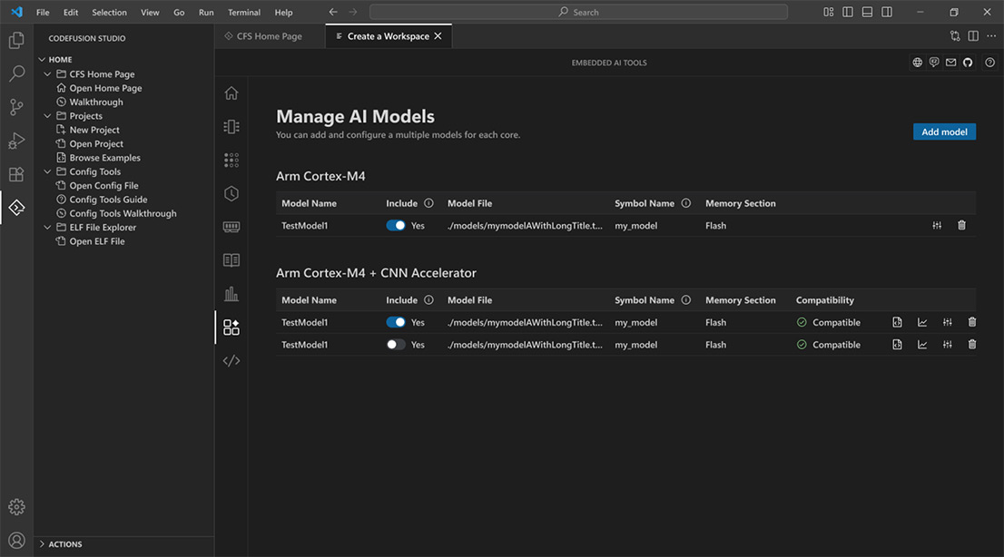 AI model management interface for Arm Cortex-M4 and CNN Accelerator in embedded development environment