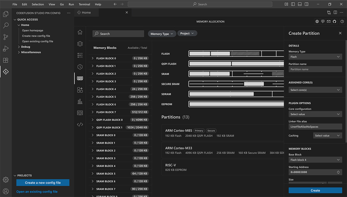 Embedded development interface displaying memory block allocation and partition configuration for multiple cores