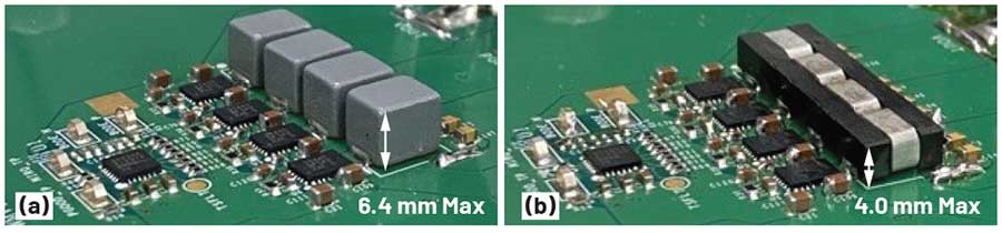 Figure 5. The voltage regulator four-phase building block with inductor footprint that accepts (a) DL = 100 nH (h = 6.4 mm max) and (b) NCL0804-4 (h = 4.0 mm max).