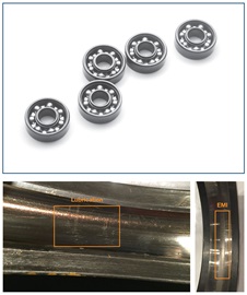 Figure 5. Examples of rolling-element bearings (top) and lubrication and discharge current defects (bottom). Figure 5. Examples of rolling-element bearings (top) and lubrication and discharge current defects (bottom).