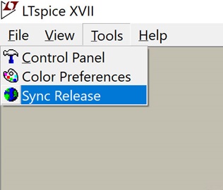 Figure 1. To keep your installation of LTspice up to date with the latest models, software, and examples, choose Sync Release from the Tools menu. Figure 1. To keep your installation of LTspice up to date with the latest models, software, and examples, choose Sync Release from the Tools menu.