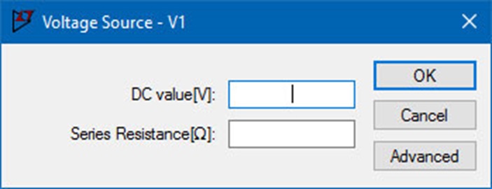 Figure 9. Standard parameters for a voltage source. Advanced options are available by clicking the Advanced button. Figure 9. Standard parameters for a voltage source. Advanced options are available by clicking the Advanced button.