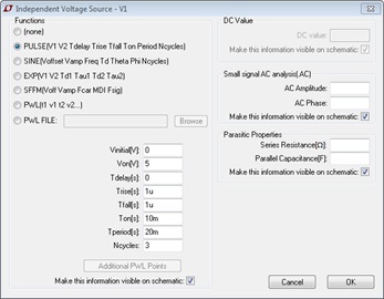 Figure 10. Advanced parametric options for a voltage source. Figure 10. Advanced parametric options for a voltage source.