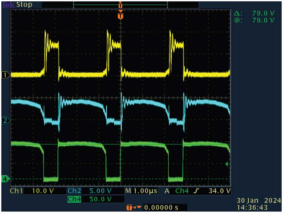 Figure 4. Gate 1 and Gate 2 voltage and MOSFET drain voltage (V<sub>IN</sub> = 60 V). Figure 4. Gate 1 and Gate 2 voltage and MOSFET drain voltage (V<sub>IN</sub> = 60 V).