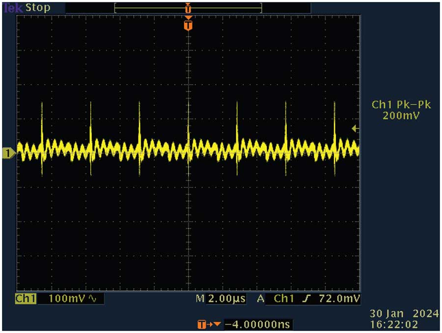 Figure 10. Output peak-to-peak voltage with full load 1.5 A. Figure 10. Output peak-to-peak voltage with full load 1.5 A.