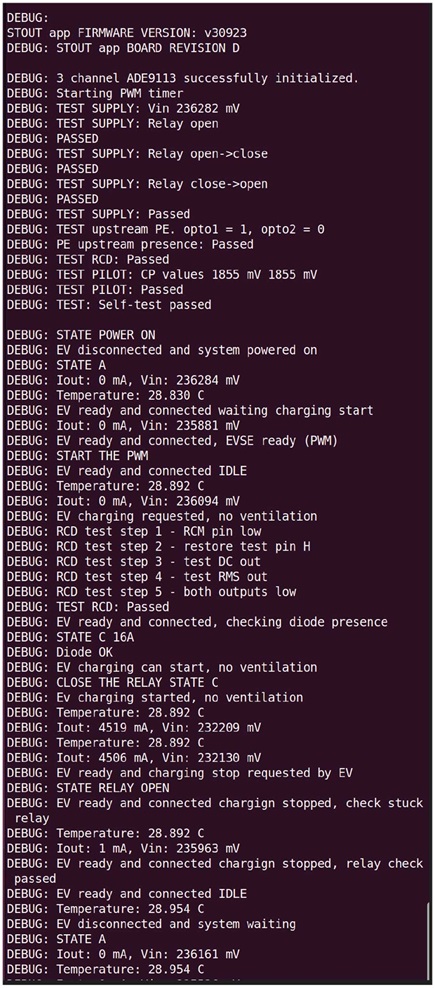 Figure 11. The debug messages received over serial interface for a complete charging sequence.