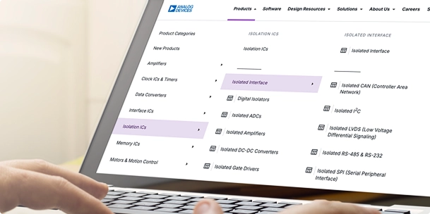 Laptop screen shows Analog Devices website with a product selection menu.
