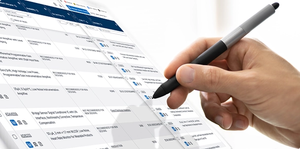 Person using a stylus to interact with a product table on a tablet screen.