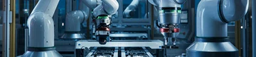 High precision robot arms in automated pcb assembly line. High precision robot arms in automated pcb assembly line.