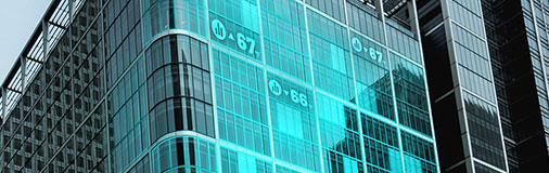 Modern skyscraper with temperature data overlays for various offices.