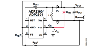 図 8. VIN からVOUT へ接続したコンデンサを持つ反転降圧ブースト回路