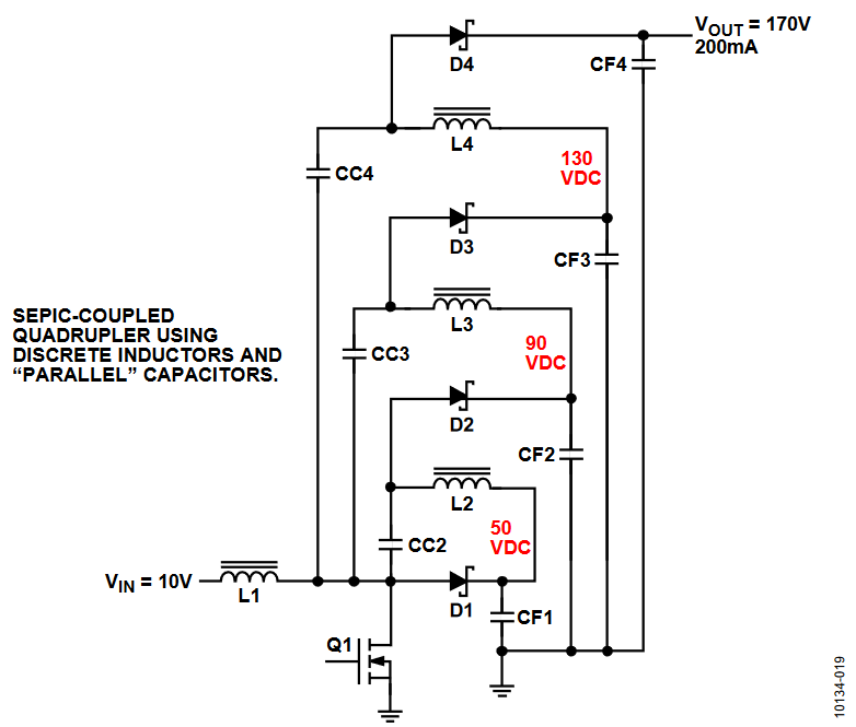 Figure 19. SEPIC-Coupled Quadrupler Using Discrete Inductors and Parallel Capacitors