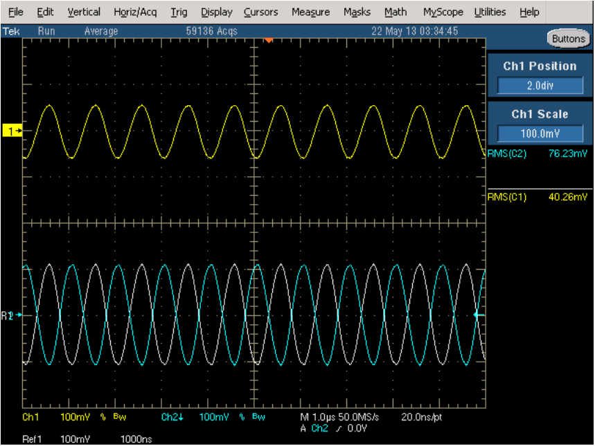 Figure 8. Output of the Transformer (CH1, yellow) from the Differential Input Signal (CH2/CH3, blue/gray) from the Circuit Shown in Figure 7.