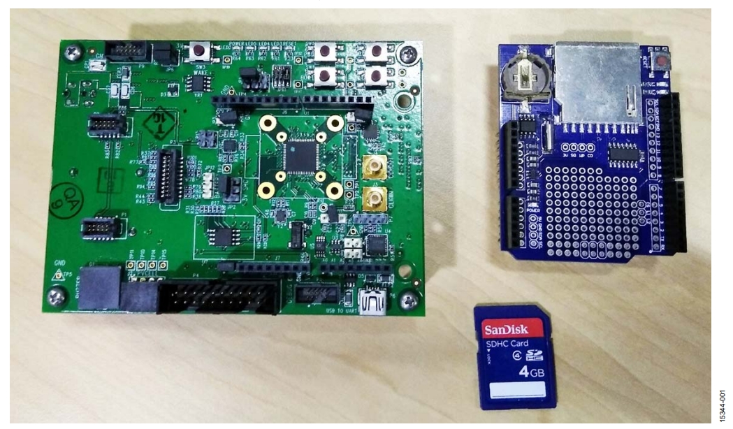 図 1. 必要なボード類：EVAL-ADuCM3029 EZ-KIT 評価用ボード（左）、Arduino（アルドゥイーノ）互換 SD カード・シールド（右上）、SD カード（右下）