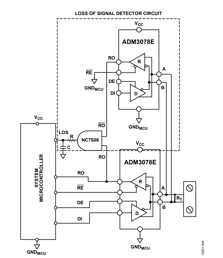 図 4. ADM3078E を使用した非絶縁型の LOS 検出器回路