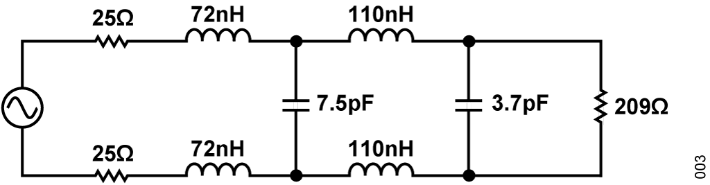 Figure 3. Final Design Values for Fourth-Order Differential Butterworth Filter with ZS = 50 Ω, ZL = 209 Ω, FC = 190 MHz.