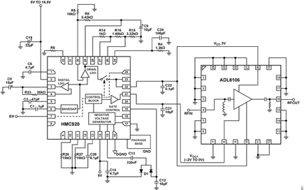 Figure 21. ADL8106 Wideband LNA with Negative Gate Voltage and Active Bias Control Using HMC920