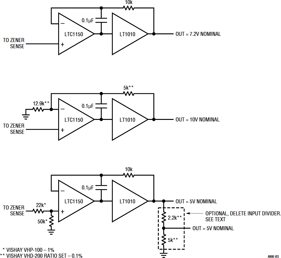 図I3.チョッパー安定化リファレンス・バッファには(a)ユニティ・ゲイン、(b)10V、(c)5Vの3つの出力オプションがある。絶対精度を確立するためにトリミングが必要である