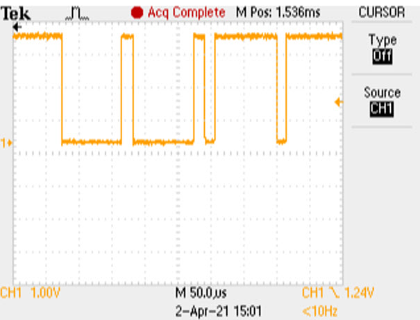 1-Wire line rising edges of an onboard DS28E18 at 10cm and 1000Ω RPUP