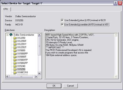 Figure 2. Selecting the DS5250 for a new Keil µVision2 Project.