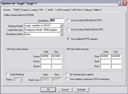 Figure 3. Target option settings for the DS5250.