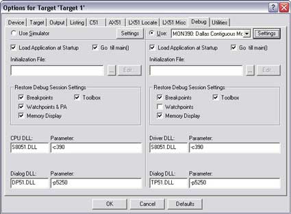 Figure 4. Target debug settings for the DS5250.