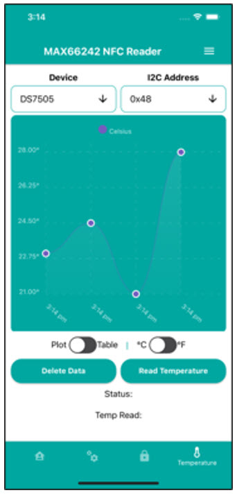 Temperature tab of the mobile application