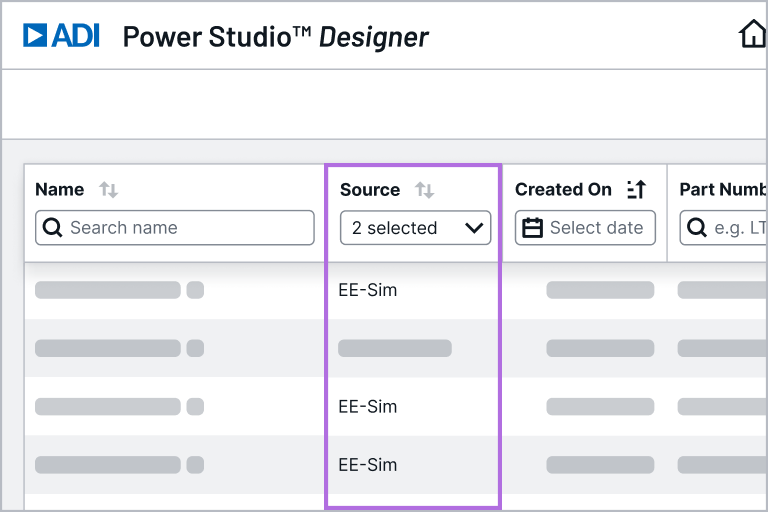 Power Studio Designer design list showing imported EE-Sim designs.