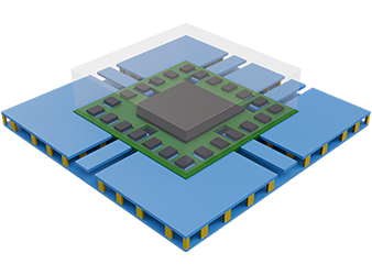3D illustration of a microchip on a circuit board with heat sink design elements
