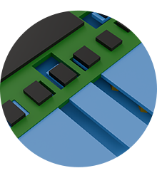 Close-up 3D render of microchip components and heat dissipation fins on circuit board