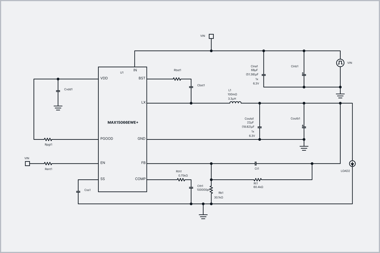 ADI Power Studio Designer displaying a circuit schematic diagram configuration featuring the MAX part lower management IC with resistors, capacitors, and inductors connected for a power distribution system.