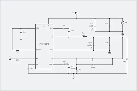 ADI Power Studio Designer displaying a circuit schematic diagram configuration featuring the MAX part lower management IC with resistors, capacitors, and inductors connected for a power distribution system.