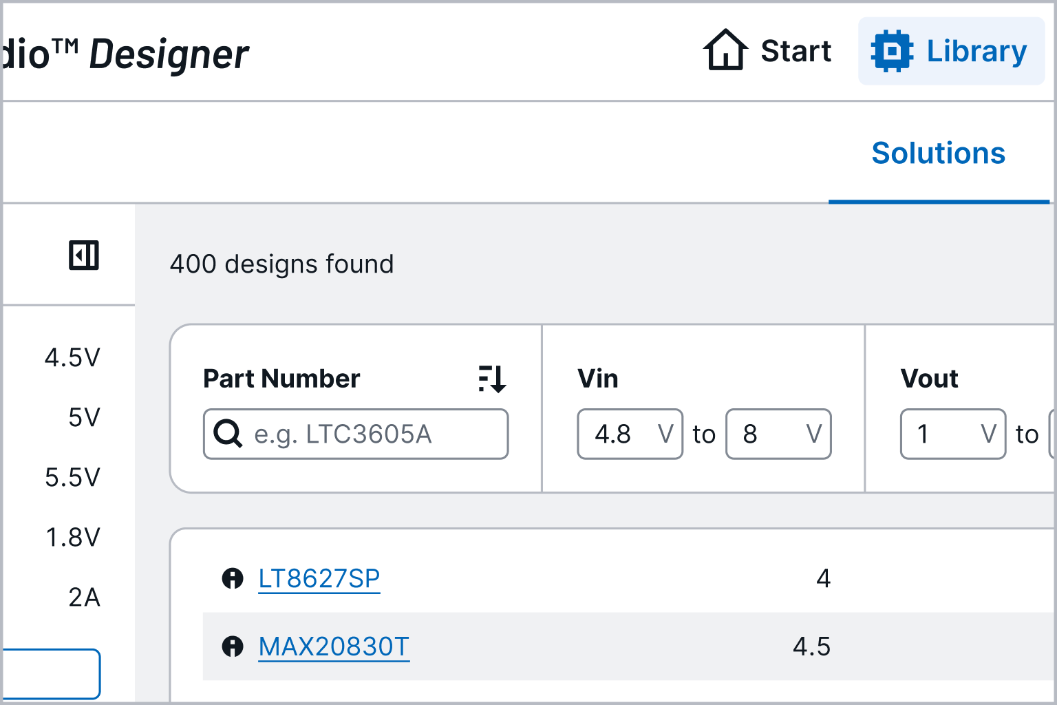 ADI Power Studio Designer interface on the Library, Solutions tab, showing an intelligent searchable table with vin, vout filters and part names.
