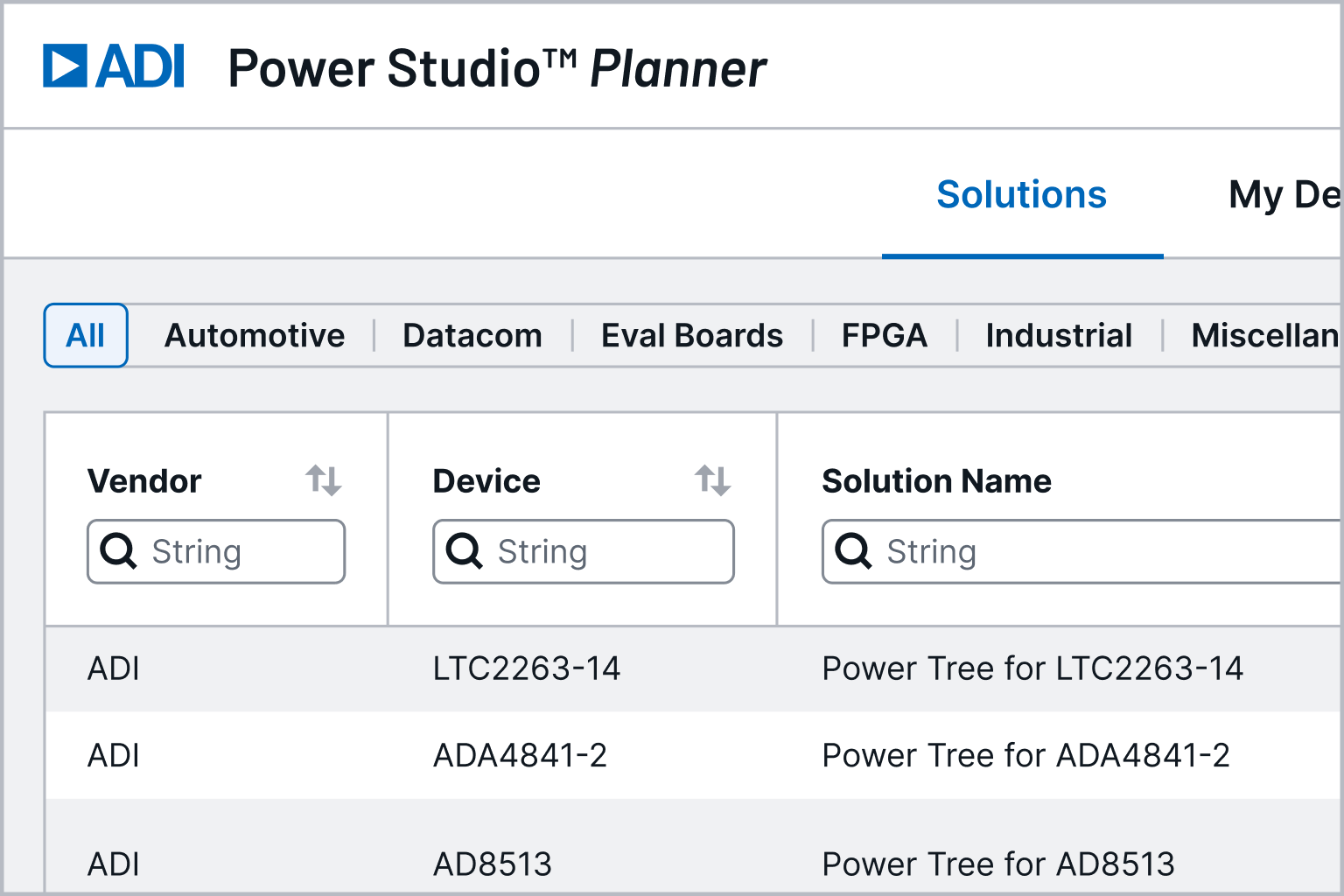 ADI Power Studio Planner interface on the Solutions tab, showing a searchable table with vendor, device, and solution name.