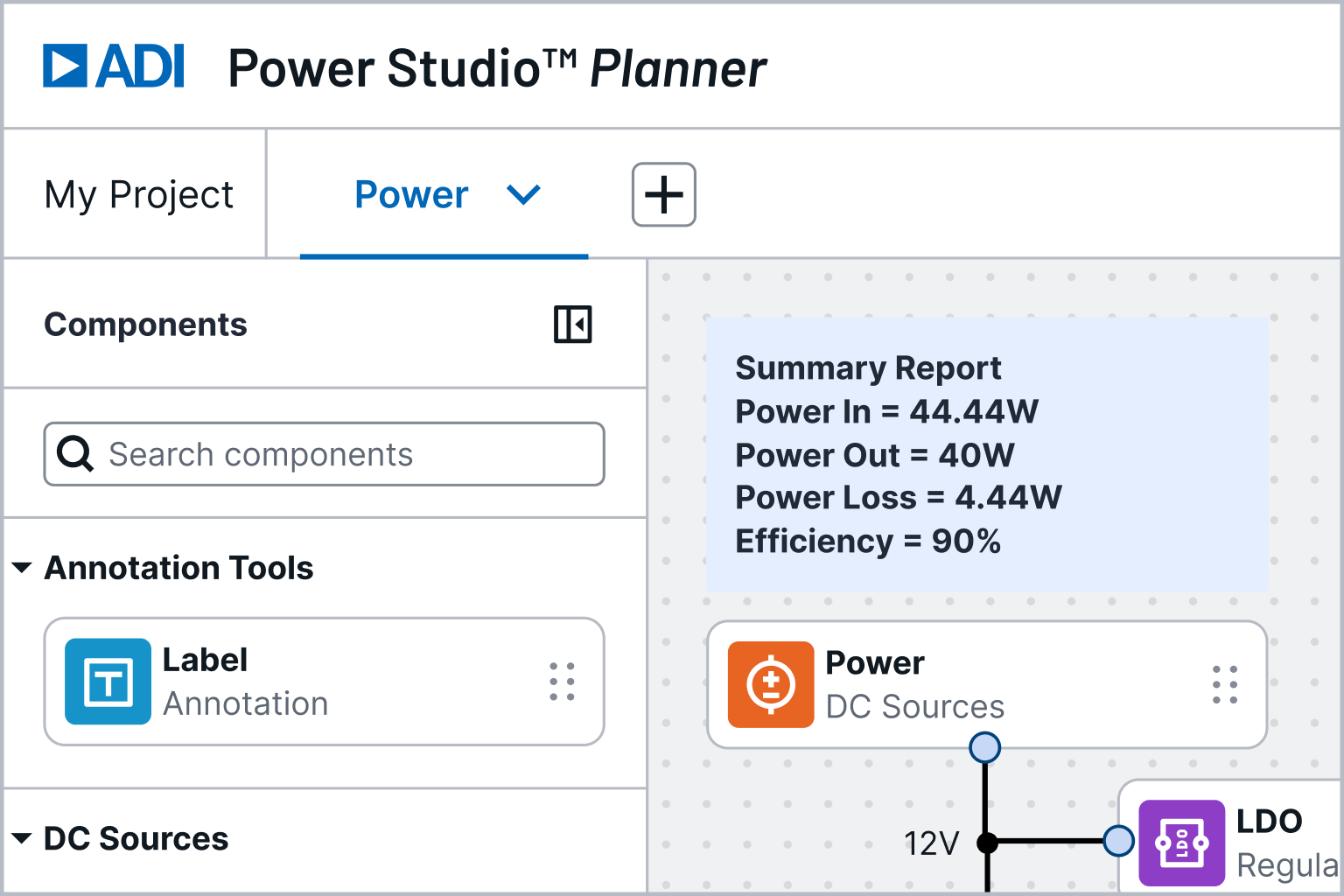 Power Studio Planner interface showing power components, summary report with efficiency at 90%, and a power management design layout.