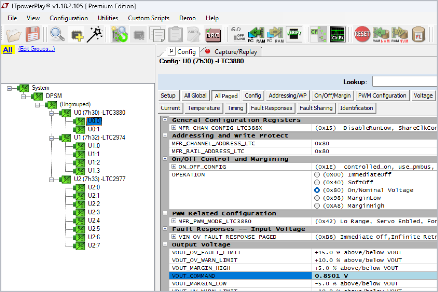 LTpowerPlay interface showing configuration settings for power management ICs, including voltage, fault responses, and system hierarchy