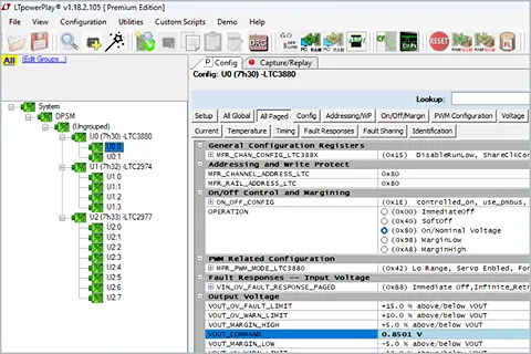 LTpowerPlay interface showing configuration settings for power management ICs, including voltage, fault responses, and system hierarchy