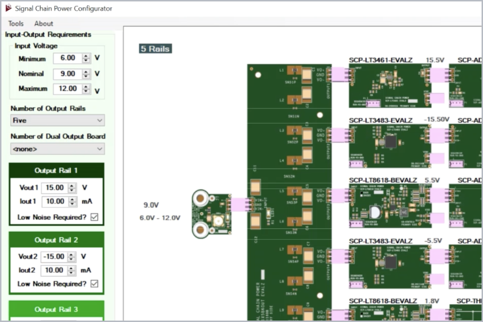 Signal Chain Power Configurator interface with power tree configuration, flexible hardware setup, and system state control.