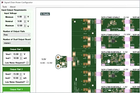 Signal Chain Power Configurator interface with power tree configuration, flexible hardware setup, and system state control.