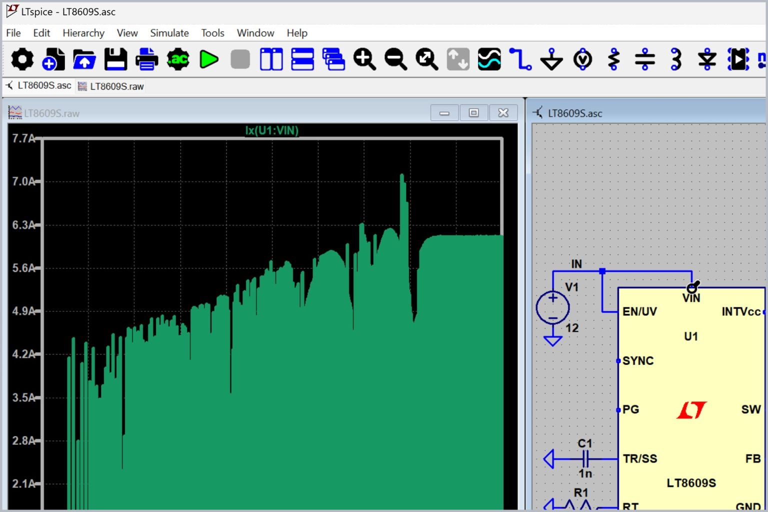 LTspice interface showing a simulation graph of current and circuit diagram.