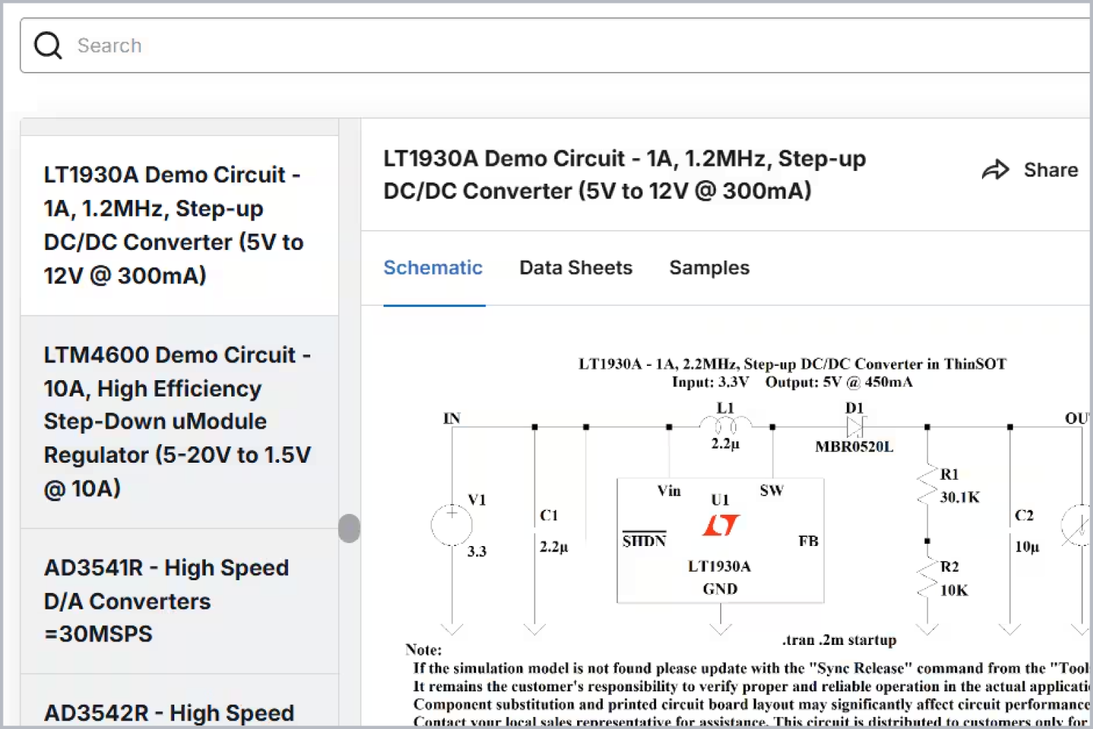 Interface of LTspice showing LT1930A demo circuit schematic for a step-up DC/DC converter with input and output specifications.