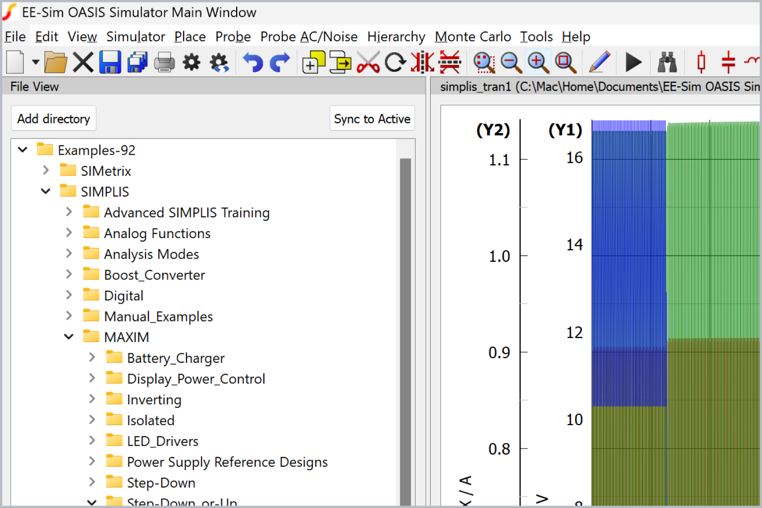 EE-Sim OASIS Simulator interface showing a file directory with power management examples and a graph displaying simulation results.