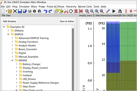 EE-Sim OASIS Simulator interface showing a file directory with power management examples and a graph displaying simulation results.