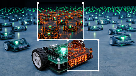 Swarm of circuit board robots with green lights and orange network.