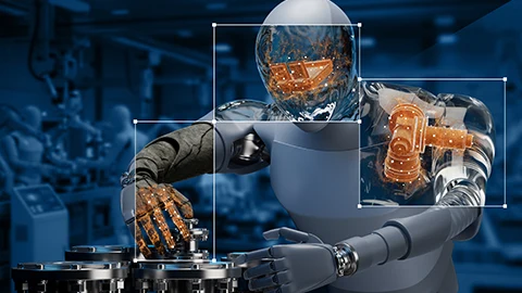 Robot with glowing internal AI parts and bounding boxes in factory.