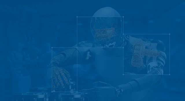 Robot with glowing internal AI parts and bounding boxes in factory.