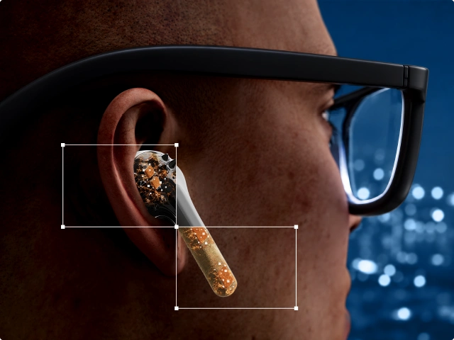 Close-up of earbud in ear showing well-being monitoring and ANC.