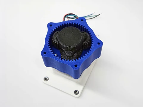Blue 3D-printed cycloidal gear drive with black gears.
