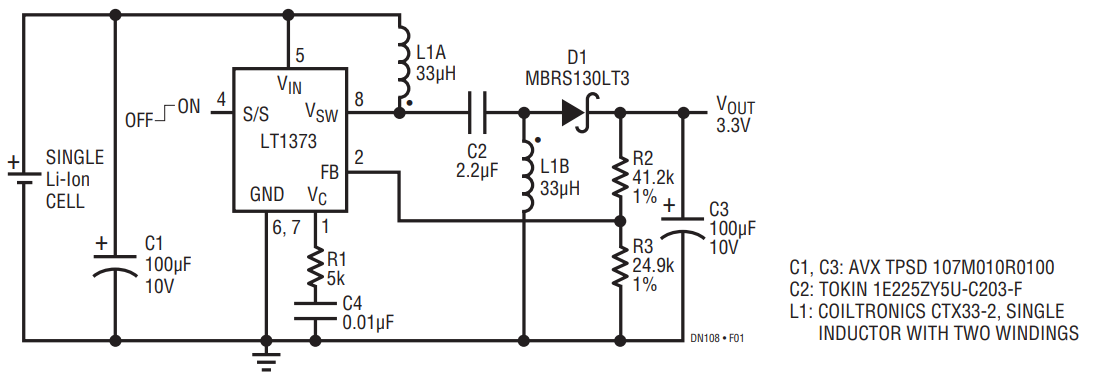 Figure 1. Single Li-Ion Cell to 3.3V SEPIC Converter.